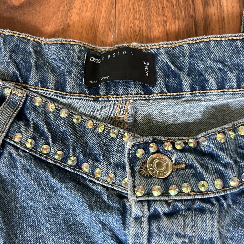 ASOS Rhinestone Studded Denim Jeans With Split Calf Hem Button Fly 32x36 Tall - Picture 4 of 7